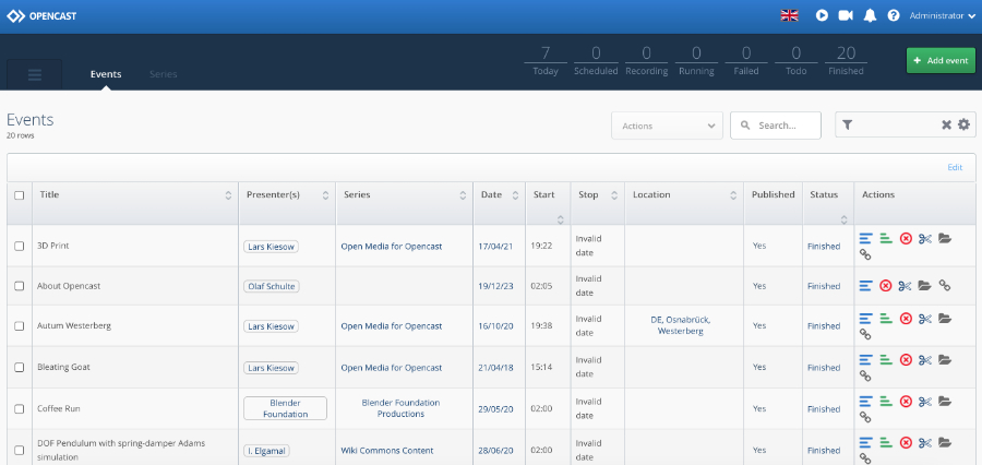 Screenshot of the Opencast Admin Interface